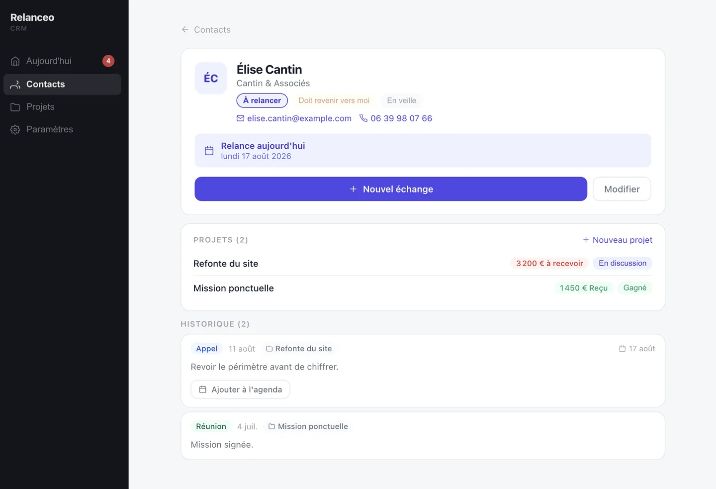 Fiche du contact Élise Cantin dans Relanceo, avec ses deux projets, leur étape et l'historique de ses échanges